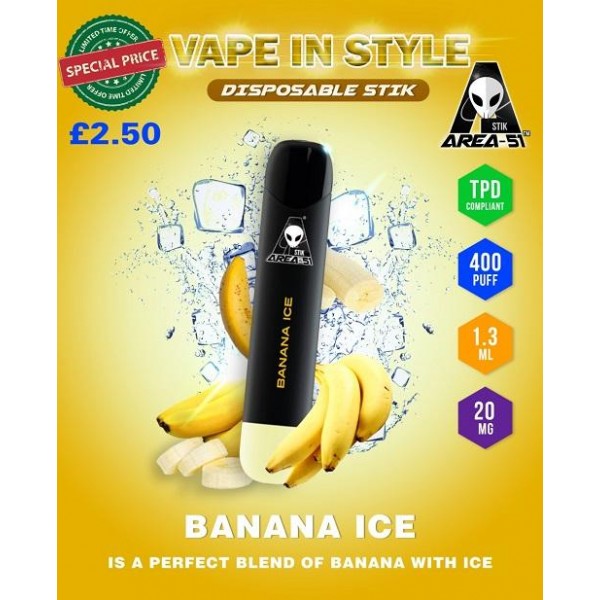 Banana Ice By Area 51 Disposable Stik Pod Device | 400 Puffs 20MG