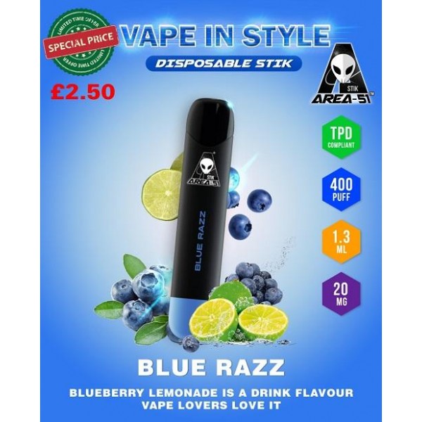 Blue Razz By Area 51 Disposable Stik Pod Device | 400 Puffs 20MG